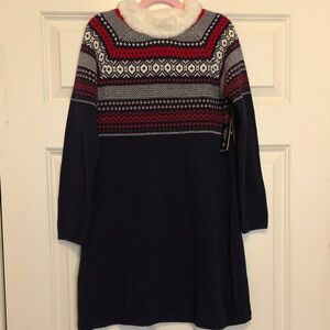 Gymboree Navy, Red & White Cotton Sweater Dress, Faux Fur Collar, Size 10. NWT